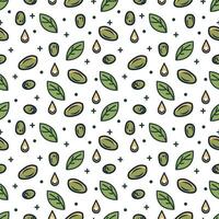 Seamless pattern,  green olives, oil drops and leaves. Hand drawn vector background.
