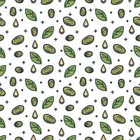 Seamless pattern,  green olives, oil drops and leaves. Hand drawn vector background.