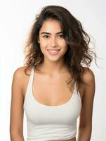 ai generado retrato de un hermosa joven latín mujer con limpiar blanco piel vistiendo un tanque arriba, como un belleza modelo foto, hermosa sonrisa expresión foto