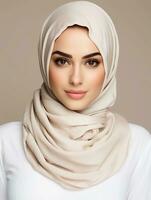 AI generated Portrait of a young woman wearing a hijab, a beauty product model with a white and clean face, elegantly posing, studio photo, isolated white background photo