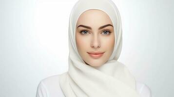 AI generated Portrait of a young woman wearing a hijab, a beauty product model with a white and clean face, elegantly posing, studio photo, isolated white background photo