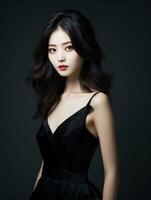 AI generated Portrait of young Japanese female beauty model with pure white skin, wearing black velvet dress with slit, sexy pose, glowing skin, studio photo, isolated black background, AI Generative photo