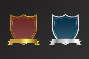 Blank shield and badge element vector on a dark background. Celebration or official badge design with red and blue colors. Luxurious golden and silver badge vector with ribbons and text space.