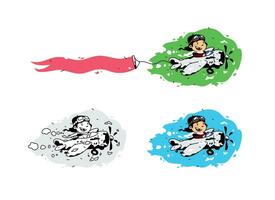 Illustration of a cartoon boy flying in a plane with a ribbon. Vector illustration. Image is isolated on white background. A set of different pictures. Advertising in the air.