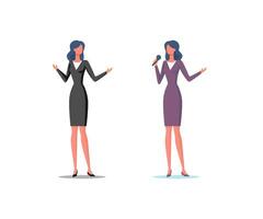 Businesswoman in different poses speech. Professional orator, good lecturer, coach with microphone. Flat vector illustration isolated on white background.