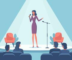 Businesswoman in different poses speech. Professional orator, good lecturer, coach with microphone. Flat vector illustration isolated on white background.