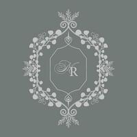 Wedding monogram design with MR initials. Wedding crest design with leaf wreath vector