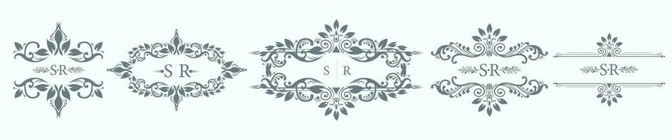 SR initial with intricate border designs for wedding monogram. Set of five wedding crests with SR logo vector