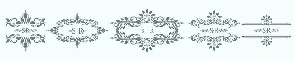 SR initial with intricate border designs for wedding monogram. Set of five wedding crests with SR logo vector