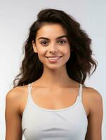 AI generated Portrait of a beautiful young Latin woman with clean white skin wearing a tank top, as a beauty model photo, beautiful smile expression photo