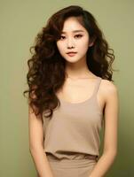 AI generated Beautiful young Asian woman wearing tank top with long curly hair, Korean style makeup and perfect skin on an isolated background, AI Generative photo