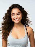 AI generated Portrait of a beautiful young Latin woman with clean white skin wearing a tank top, as a beauty model photo, beautiful smile expression photo