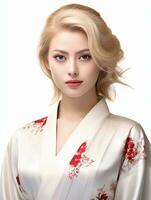 AI generated portrait of young blonde japanese female model wearing kimono posing gracefully, isolated white background, generative AI photo