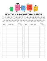 Monthly reading challenge, read book very day. Printable reading log, chart, tracking progress, for motivating kids, literature classes, library, school education, book clubs. Reading activity, hobby. vector