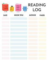 Reading log for kids. Printable reading book tracker, chart, journal for tracking progress, daily motivation. For literature classes, reading hobby activity, school education, book club. vector