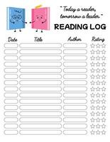 Reading log with book tracker. Reading chart, tracking progress, rewarding book. For kids, schoolers, libraries, school literature lesson. Reading motivation blank with books, page for bullet journal. vector