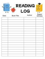 Reading log for schoolers, kids for tracking daily reading progress. Printable chart for book club, literature classes, school lessons, motivation for children to read, libraries. Bullet journal page. vector