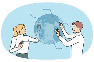 Businesspeople cooperate touch globe hologram vector