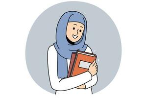 Smiling Arabic woman in hijab with books in hands vector