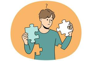 Confused man with puzzles in hands rebuild personality vector