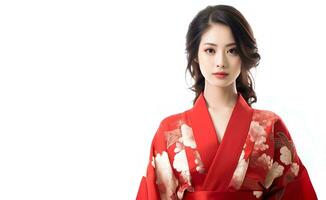 AI generated portrait of young japanese female model wearing kimono posing gracefully, studio photo, isolated white background photo