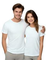 AI generated portrait of young couple model wearing plain white t-shirts as mockup material, studio photo, isolated white background, for advertising and web design photo