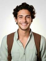 ai generado retrato de un joven hombre, sonriente expresión, estudio disparo, aislado blanco fondo, ai generativo foto