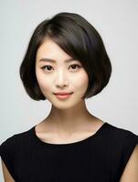 AI generated Portrait of beautiful Japanese woman with short bob haircut, isolated white background, AI Generative photo