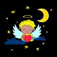 Cute angel with heart and moon on the night sky. Vector illustration