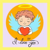 Cute card with cupid, text i love you and heart. Hand drawn vector illustration.
