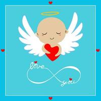 Cute angel with a heart on a blue background. Vector illustration