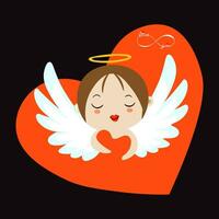 Cute angel with heart. Vector illustration in flat style on black background.