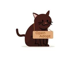 an illustration of the concept of open adoption. A cat sits and is held by a board that says open adopt. adopt a pet. cute and adorable cat characters. flat illustration design. graphic elements vector