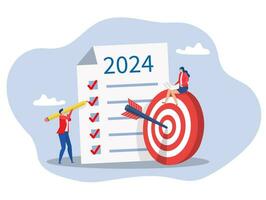 nuevo año 2024 empresario planificación con lápiz-categorizado pegajoso notas trabajo para proyecto administración y clasificación importante en Kanban tablero a objetivo vector