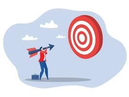 Business man worker holding an arrow precisely aiming at target bullseye achievement for win business strategy or setting goal and target concept vector