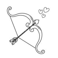 Hand drawn vector illustration of Cupid's bow with arrow and hearts. Romantic doodle sketch for valentine's day.