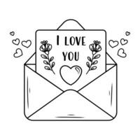 Hand drawn vector illustration of a love letter in an envelope. Romantic doodle sketch for valentine's day