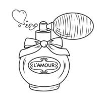 Vector illustration of retro perfume bottle with pom pom. Romantic doodle sketch of love scent for valentine's day