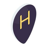 Pin with h letter denoting concept of hotel location icon vector