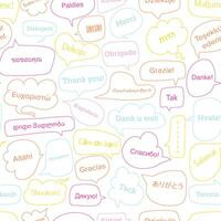 Thank you text in different languages. Seamless hand drawn pattern with bubble speech. vector