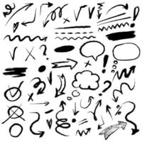 Set of doodle hand drawn charcoal pastel pointer, arrows, signs. Vector illustration of charcoal pencil emphasis.