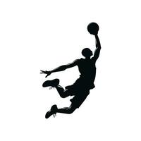 silhouette illustration of a basketball player performing a slam dunk vector