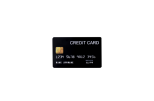 Black credit card mockup with security chip embedded on transparent background png