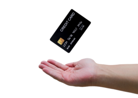 Man hand and black credit card mockup floating, used for online shopping and online transactions. on transparent background png