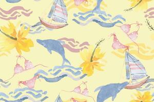 Seamless pattern of dolphins, sea, sailboat.Surf Beach background.Suitable for designing fabric and wallpaper patterns.Hawaii Islanders Surf Activity.Painted with watercolors vector