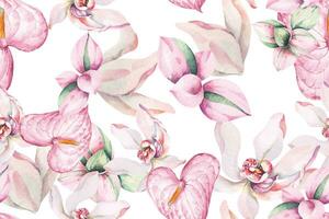 Seamless pattern of orchids and anthurium.Designed with floral patterns painted with watercolors with elegant.Orchid background.Composition of tropical vegetation for natural style wallpapers. vector