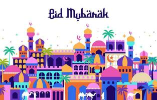 eid Mubarak con árabe ciudad antecedentes vector