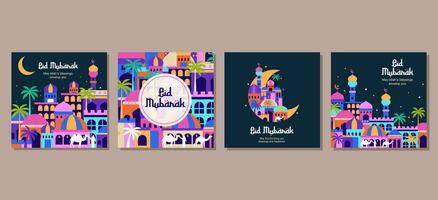 Set of eid mubarak al fitr islamic arabic mosque architecture illustration for a poster banner, cover, social media post template vector