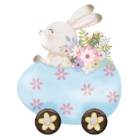 Easter rabbit in Easter egg car with flowers png