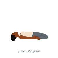 mujer haciendo yoga, acostado en reclinable héroe ejercicio, supta virasana pose, trabajando afuera. vector